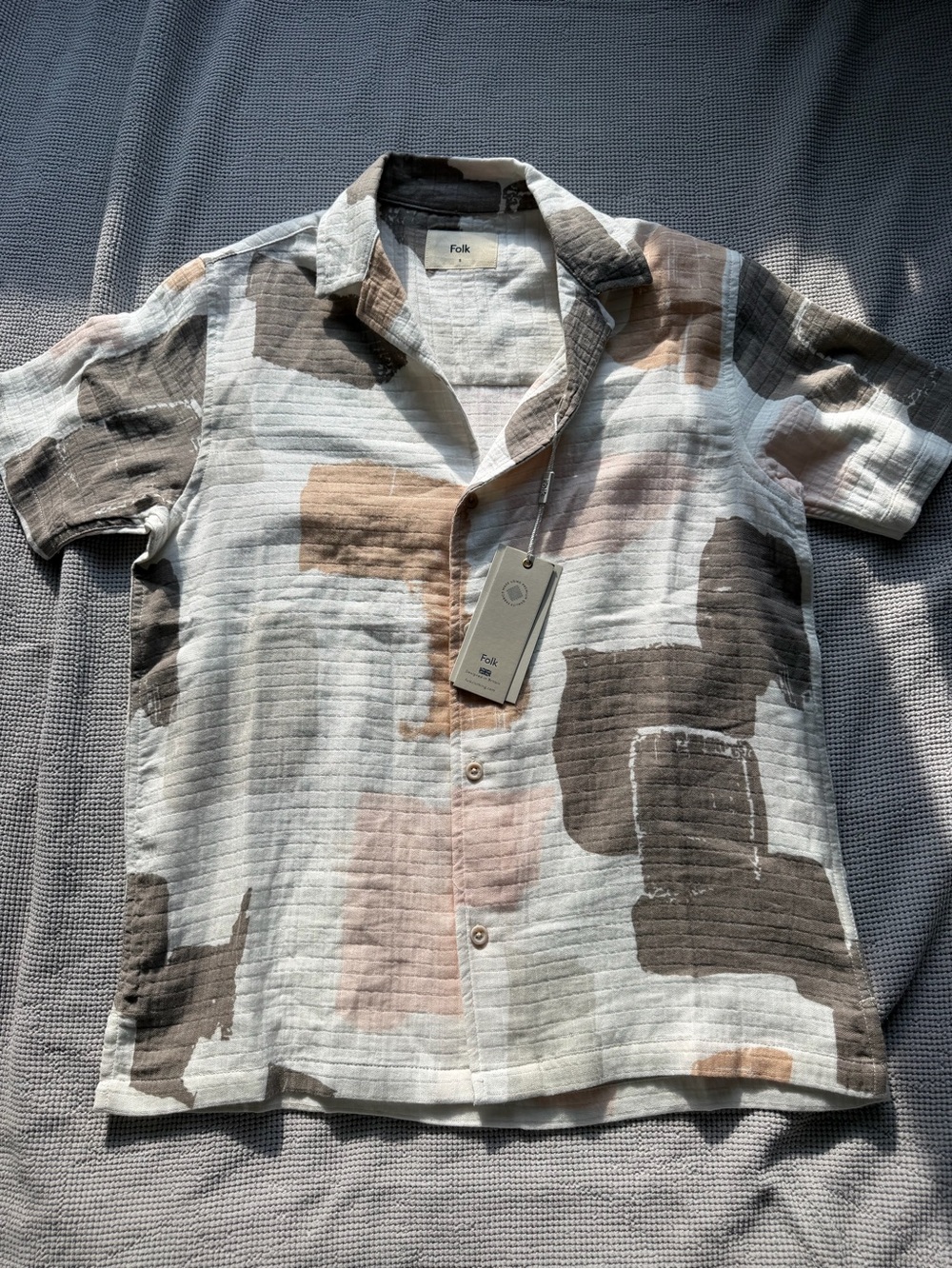 Folk Short-Sleeve Abstract Block Print Shirt in White, Brown & Tan